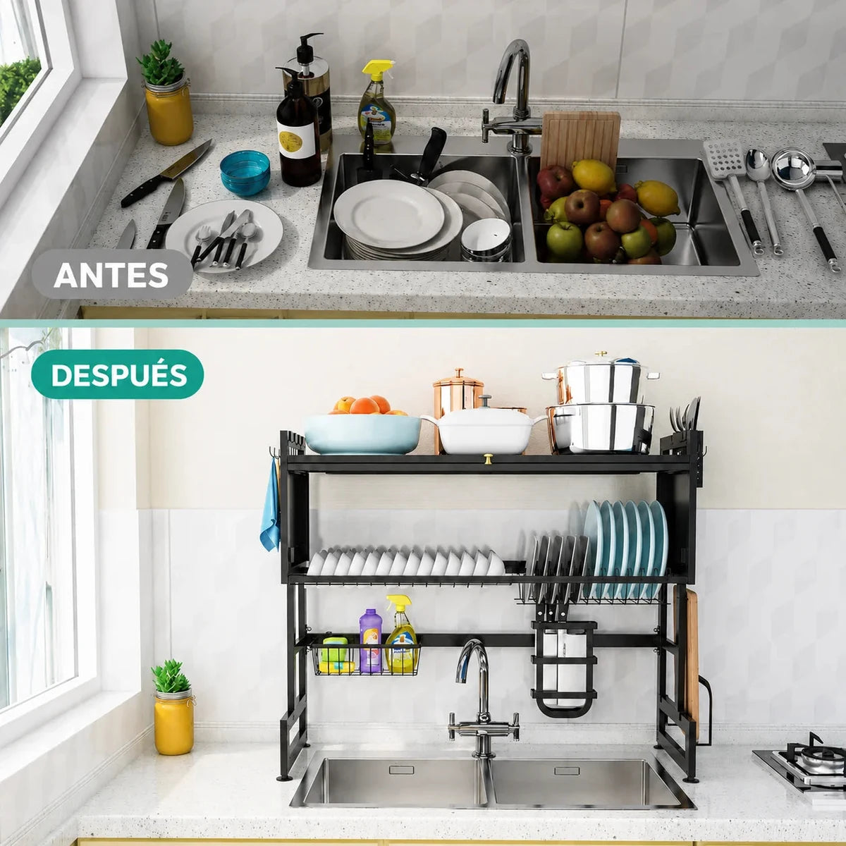 Antes y despues: barra llena de trastes frente a una cocina ordenada con el escurridor CozinaPlus sobre la tarja