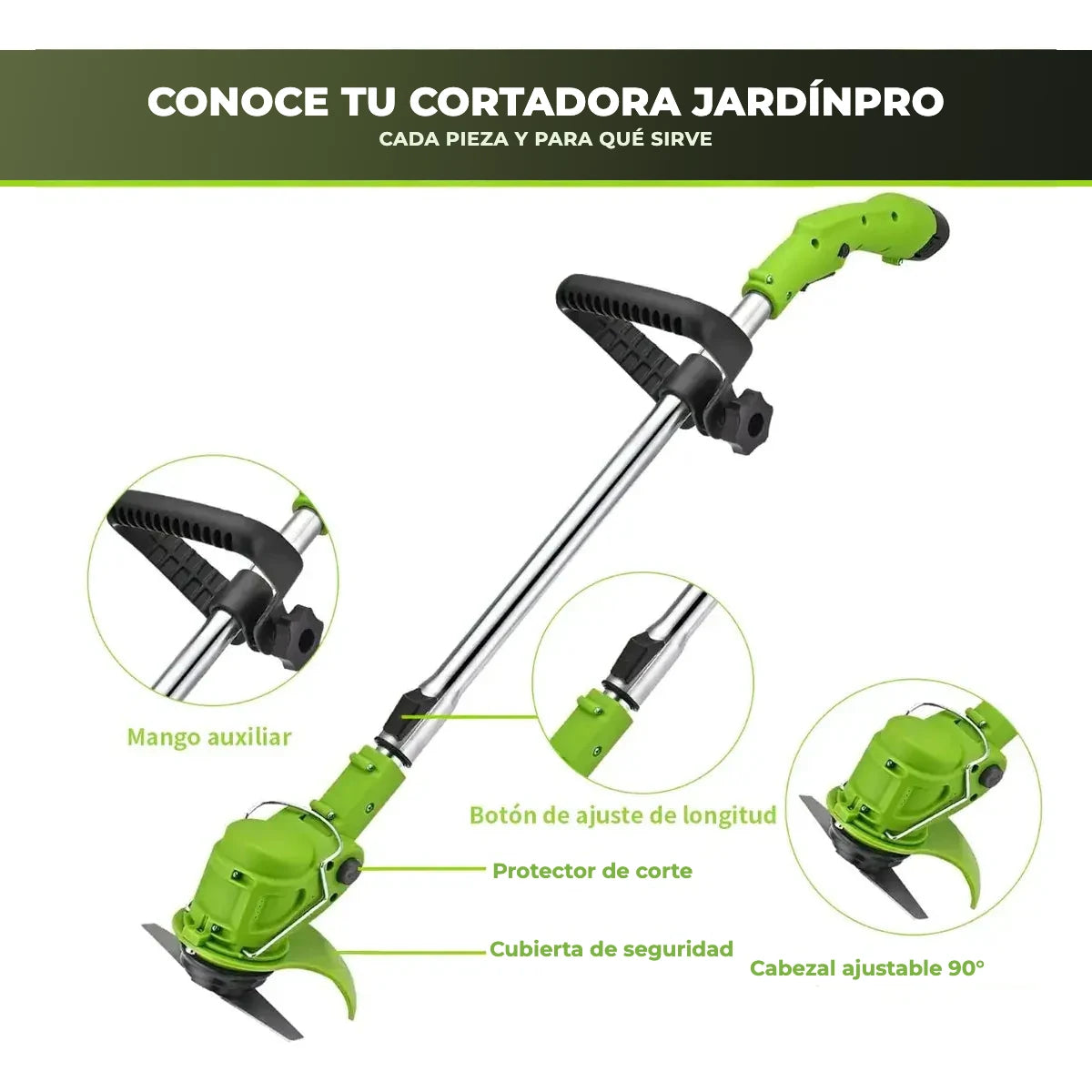 Partes de la cortadora de cesped inalambrica JardinPro: mango auxiliar, boton de ajuste de longitud y cabezal ajustable