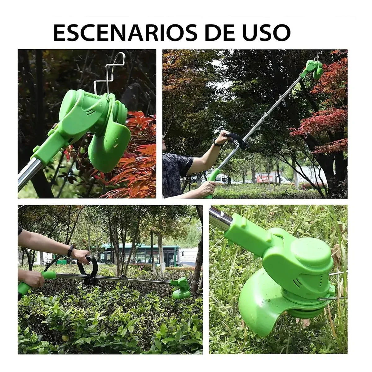 Escenarios de uso de la cortadora JardinPro: bordes del jardin, arbustos y zonas de dificil acceso