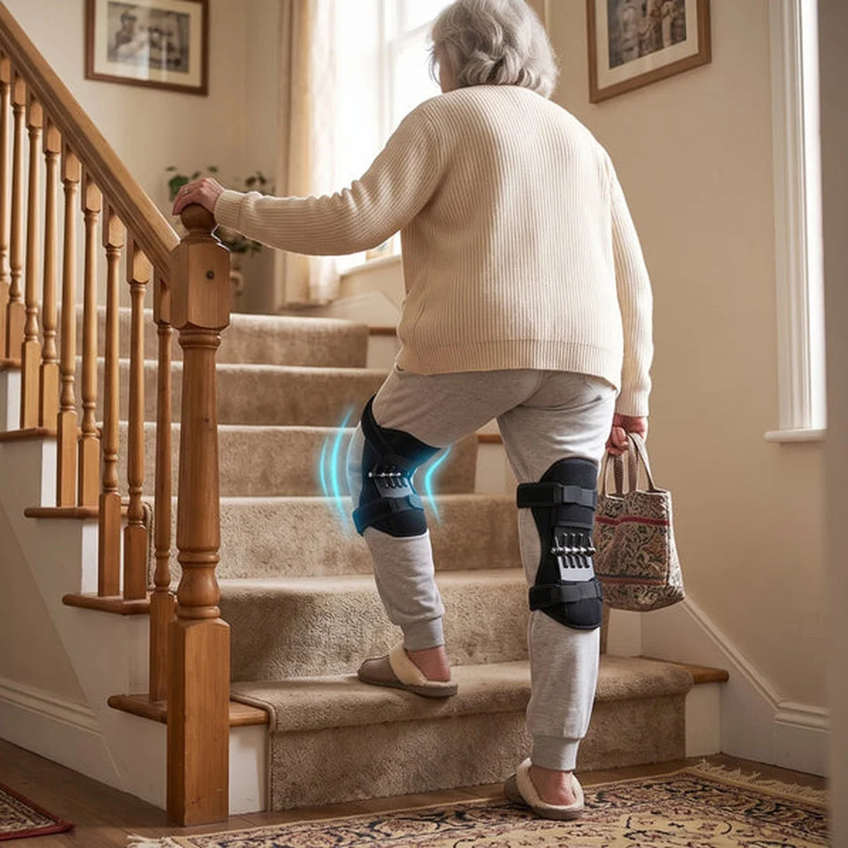 Señora subiendo la escalera con las rodilleras Rodivia